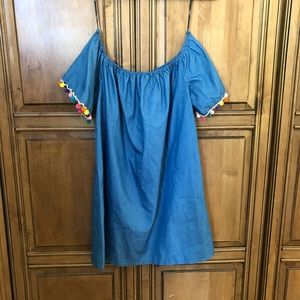 Denim off the shoulder dress with Pom poms